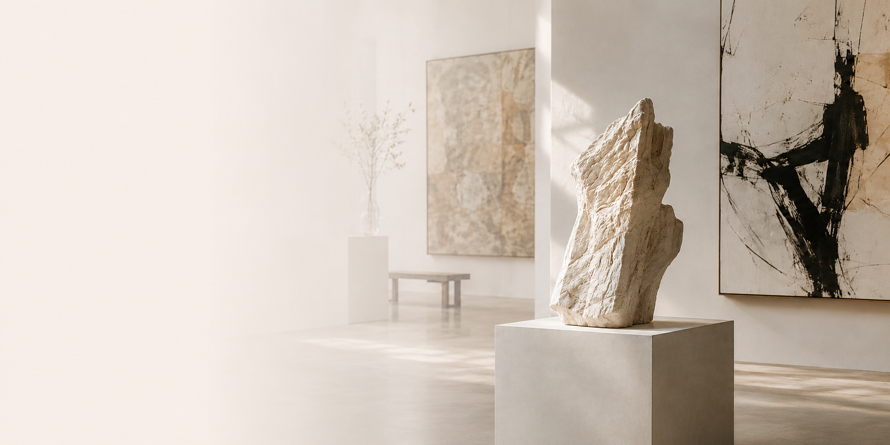 Sculpture and paintings in a sunlit gallery