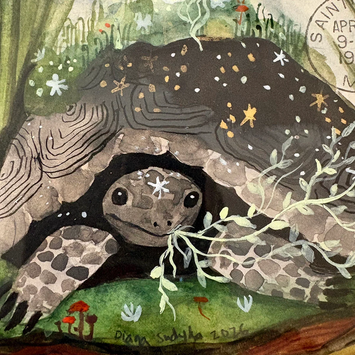 Gopher Tortoise - Original Gouache Watercolor Painting on Antique Envelope, by Diana Sudyka thumbnail 3