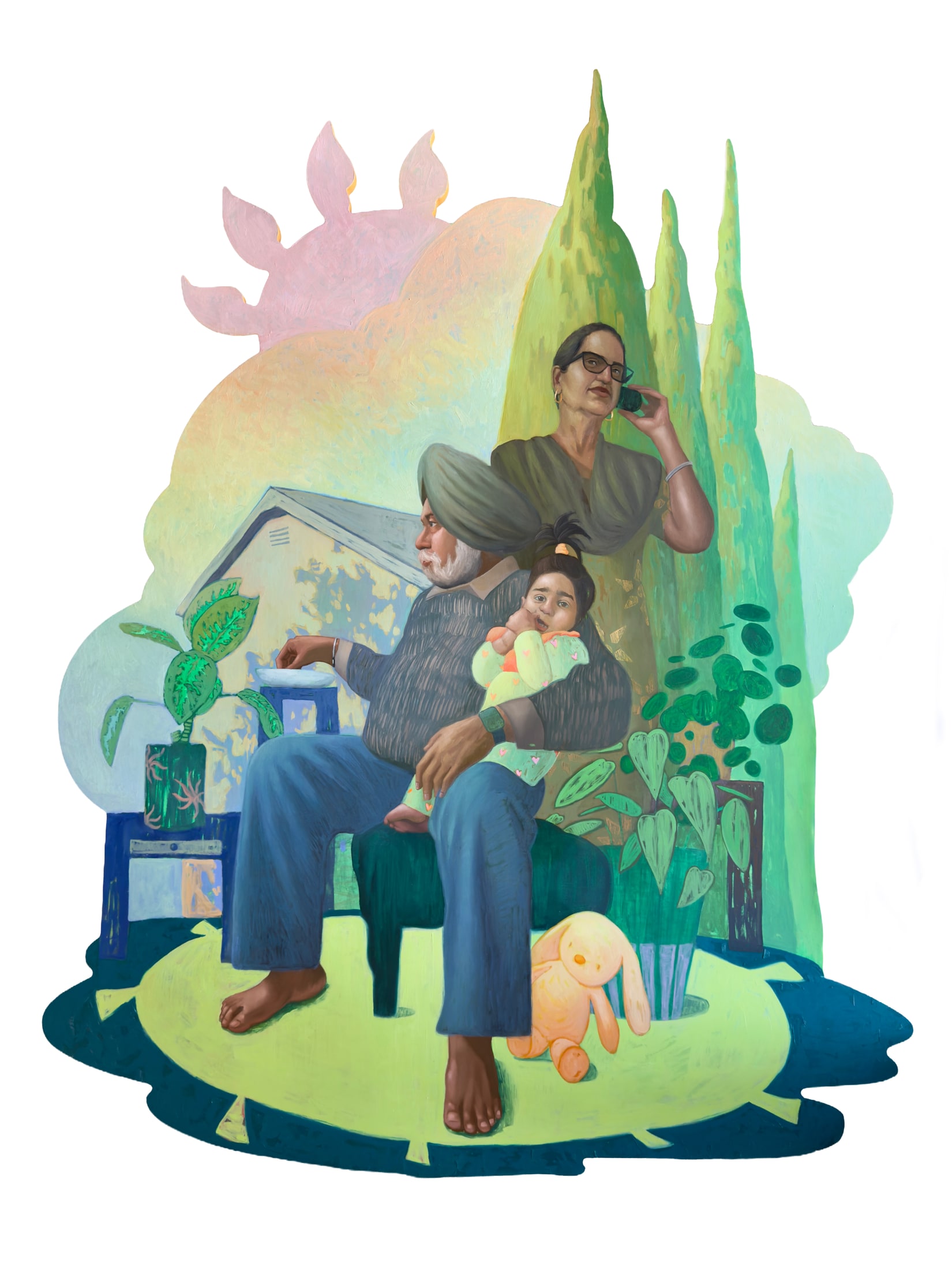 Rupinder Kaloti, A Better Life, 2026. Oil on cut panel, 47 x 60 in.
