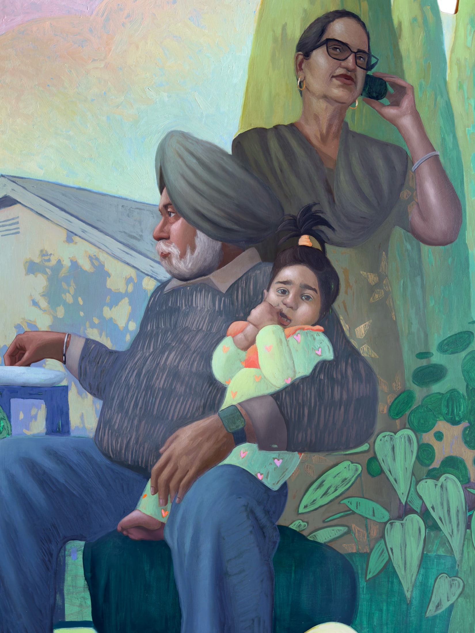 Rupinder Kaloti, A Better Life (detail), 2026. Oil on cut panel, 47 x 60 in.