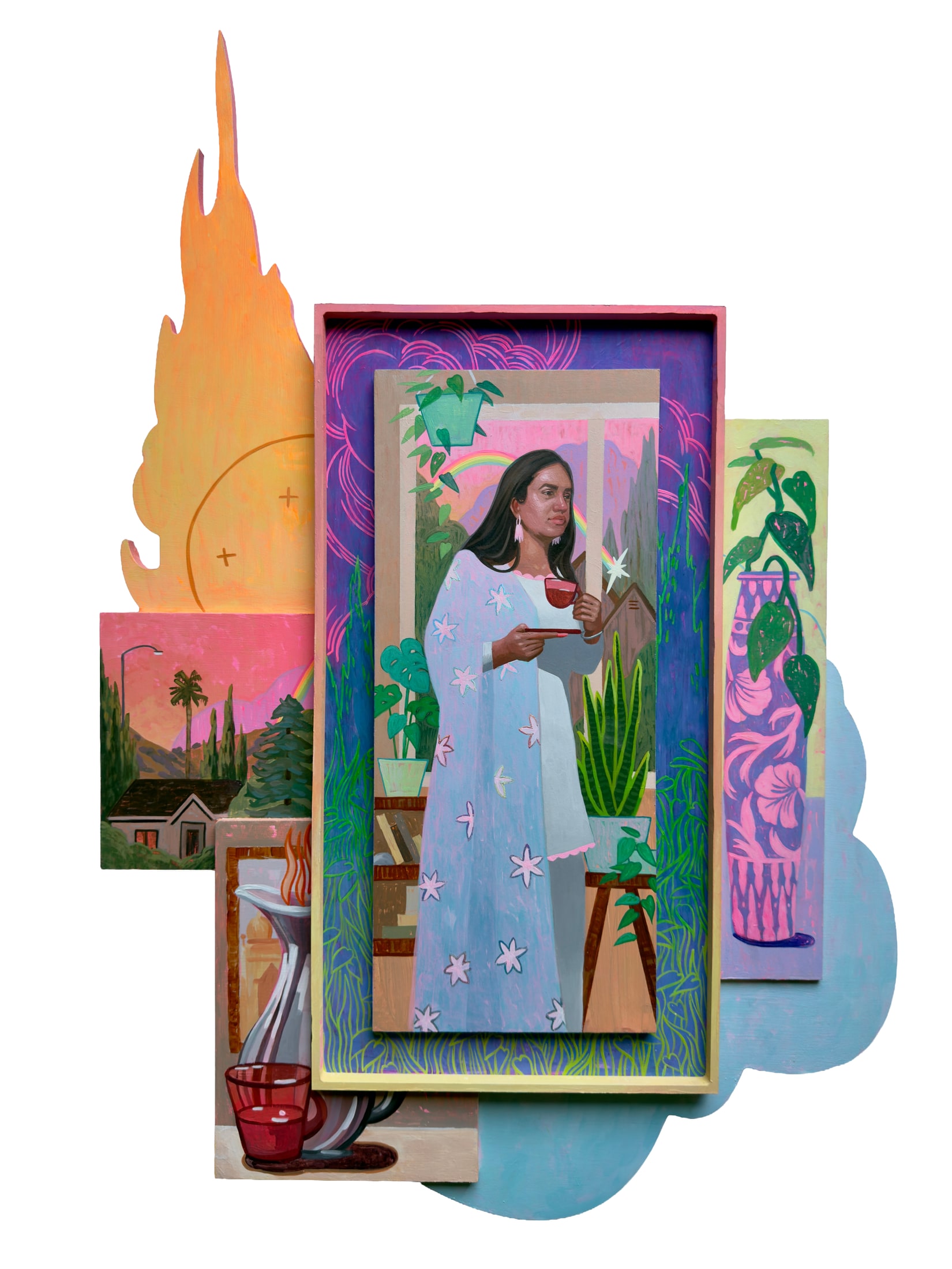 Rupinder Kaloti, Rituals (panel 1 of 3), 2026. Acrylic on cut panel, 23 x 35 in.