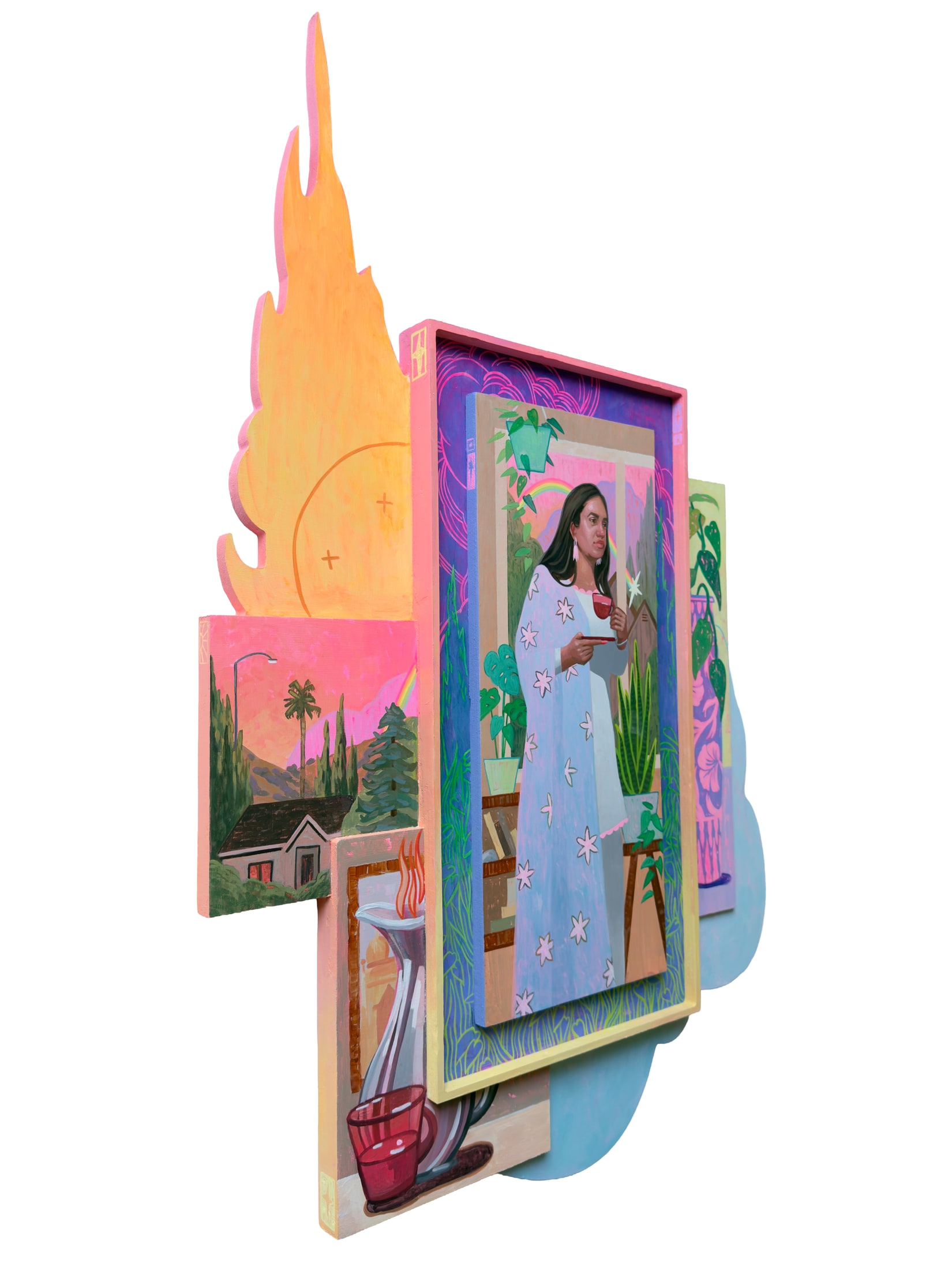Rupinder Kaloti, Rituals (panel 1 of 3, side), 2026. Acrylic on cut panel, 23 x 35 in.