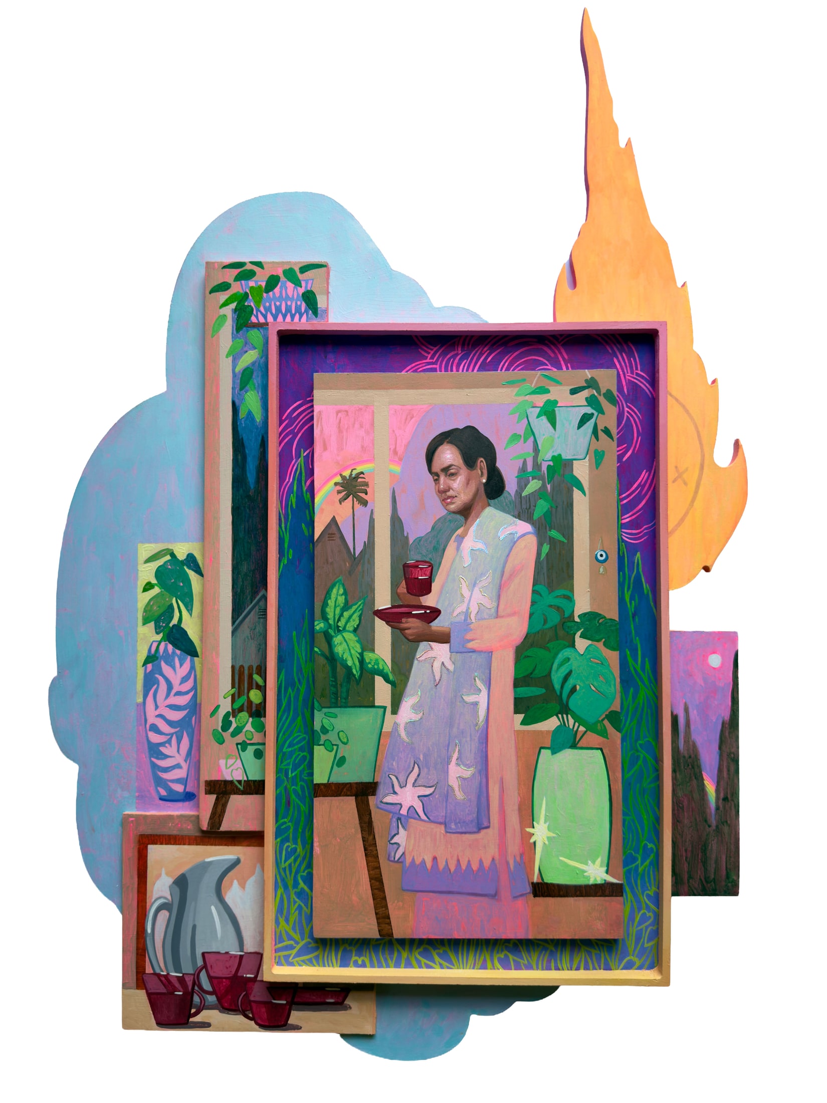 Rupinder Kaloti, Rituals (panel 3 of 3), 2026. Acrylic on cut panel, 23 x 35 in.