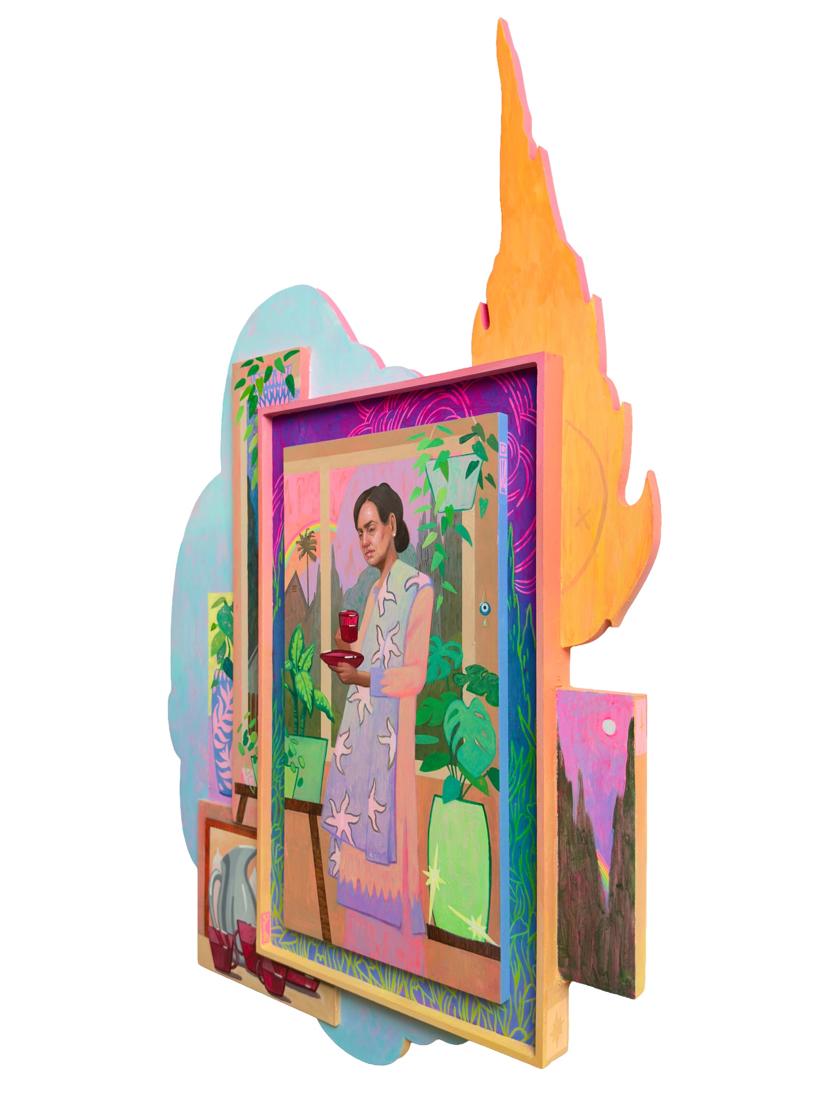 Rupinder Kaloti, Rituals (panel 3 of 3, side), 2026. Acrylic on cut panel, 23 x 35 in.