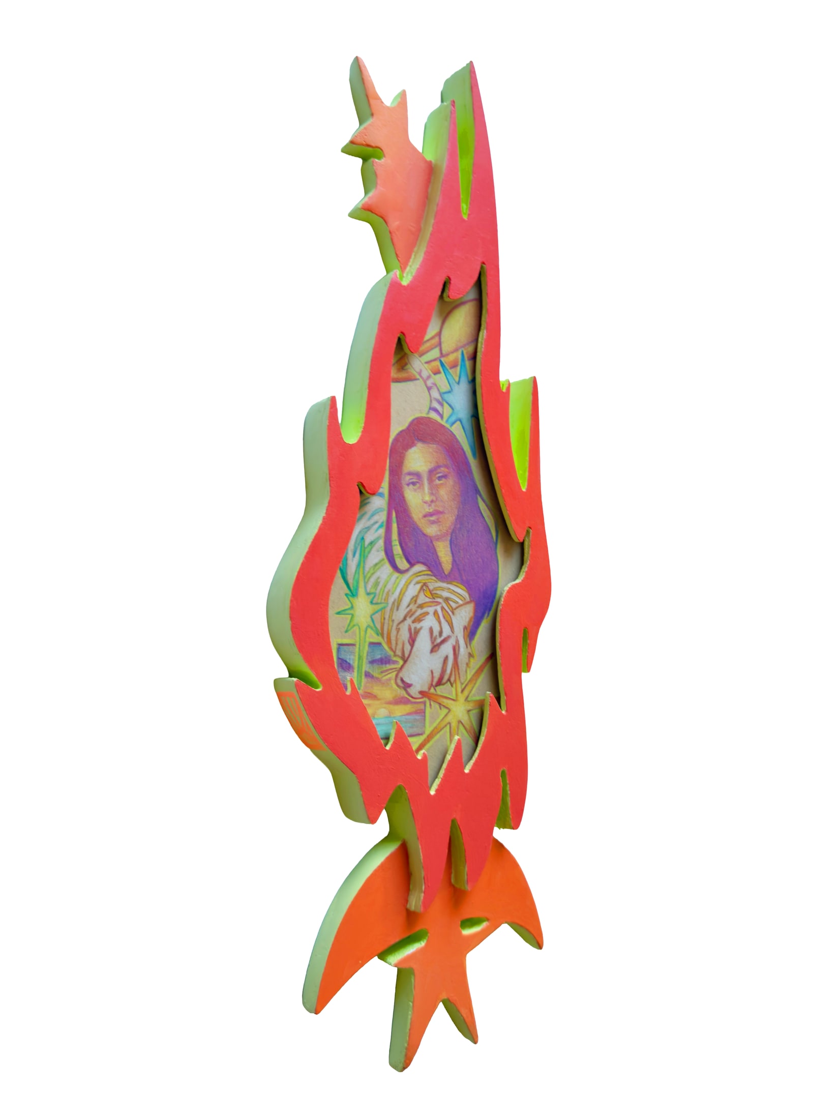 Rupinder Kaloti, Durga's Ward (side), 2026. Color pencil on toned paper, framed by acrylic on cut panel, 5 x 18 in.