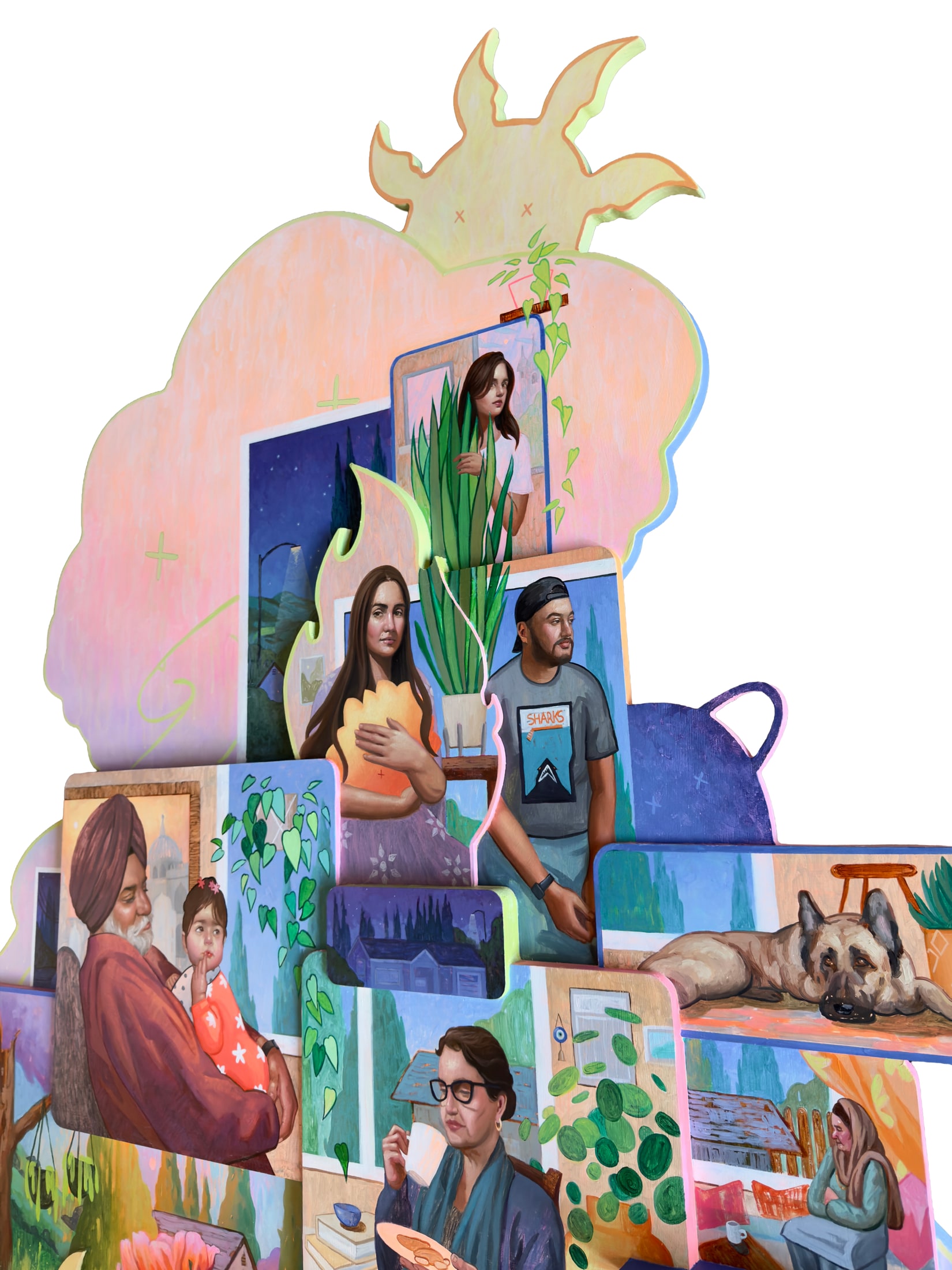 Rupinder Kaloti, East Side San Jose (detail 1), 2026. Oil and acrylic on cut panel, 46 x 58 in.