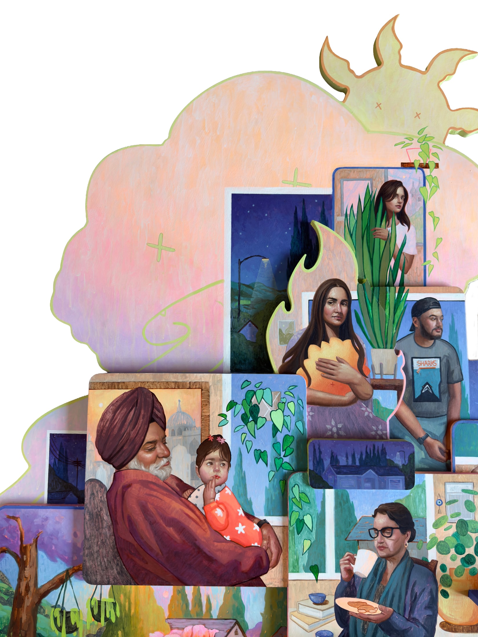Rupinder Kaloti, East Side San Jose (detail 2), 2026. Oil and acrylic on cut panel, 46 x 58 in.