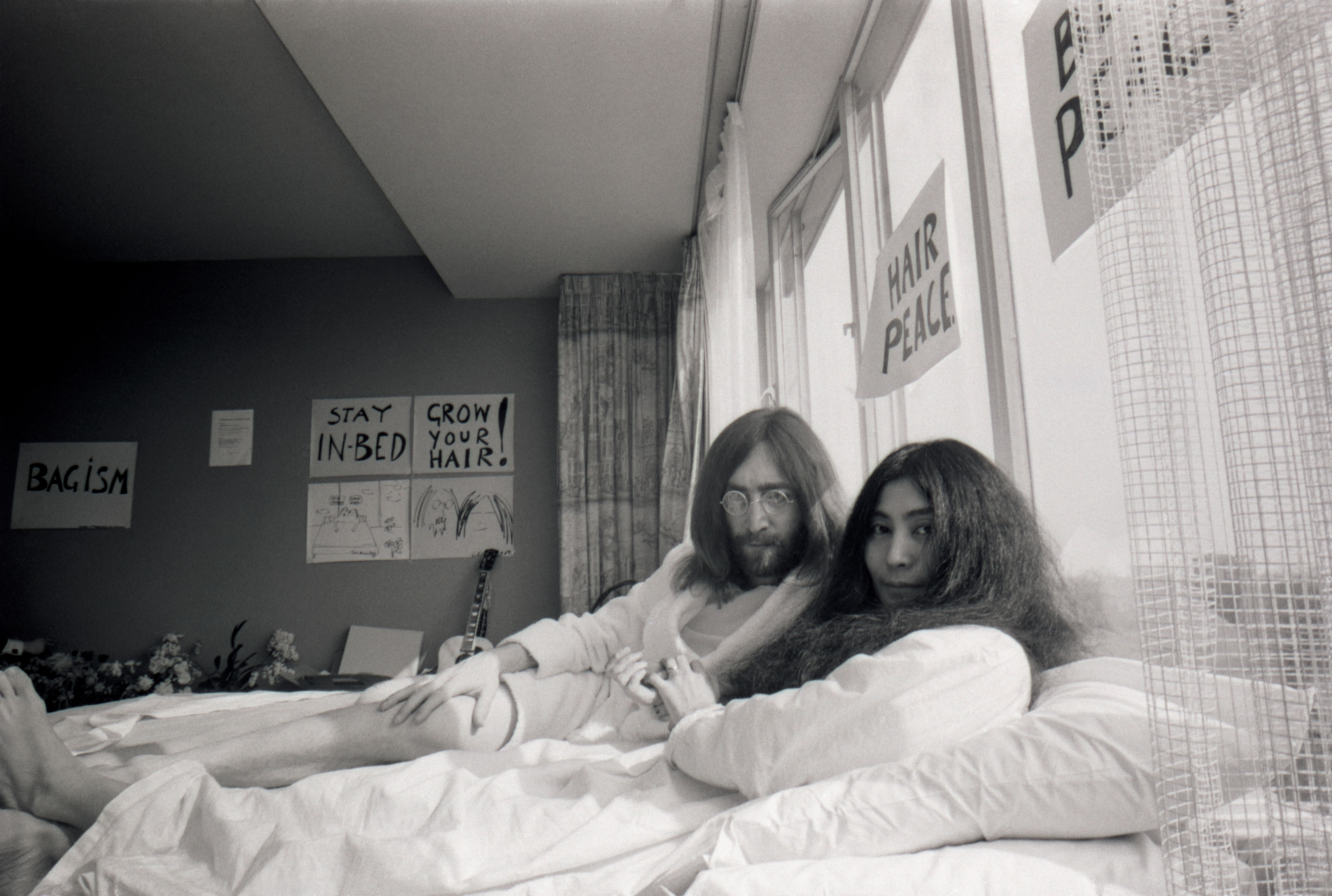 Yoko Ono and John Lennon during Bed Peace at the Amsterdam Hilton Hotel in 1969