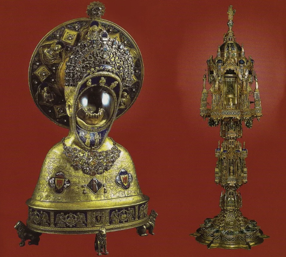 Ornate gold reliquaries containing the tongue and jaw of Saint Anthony of Padua