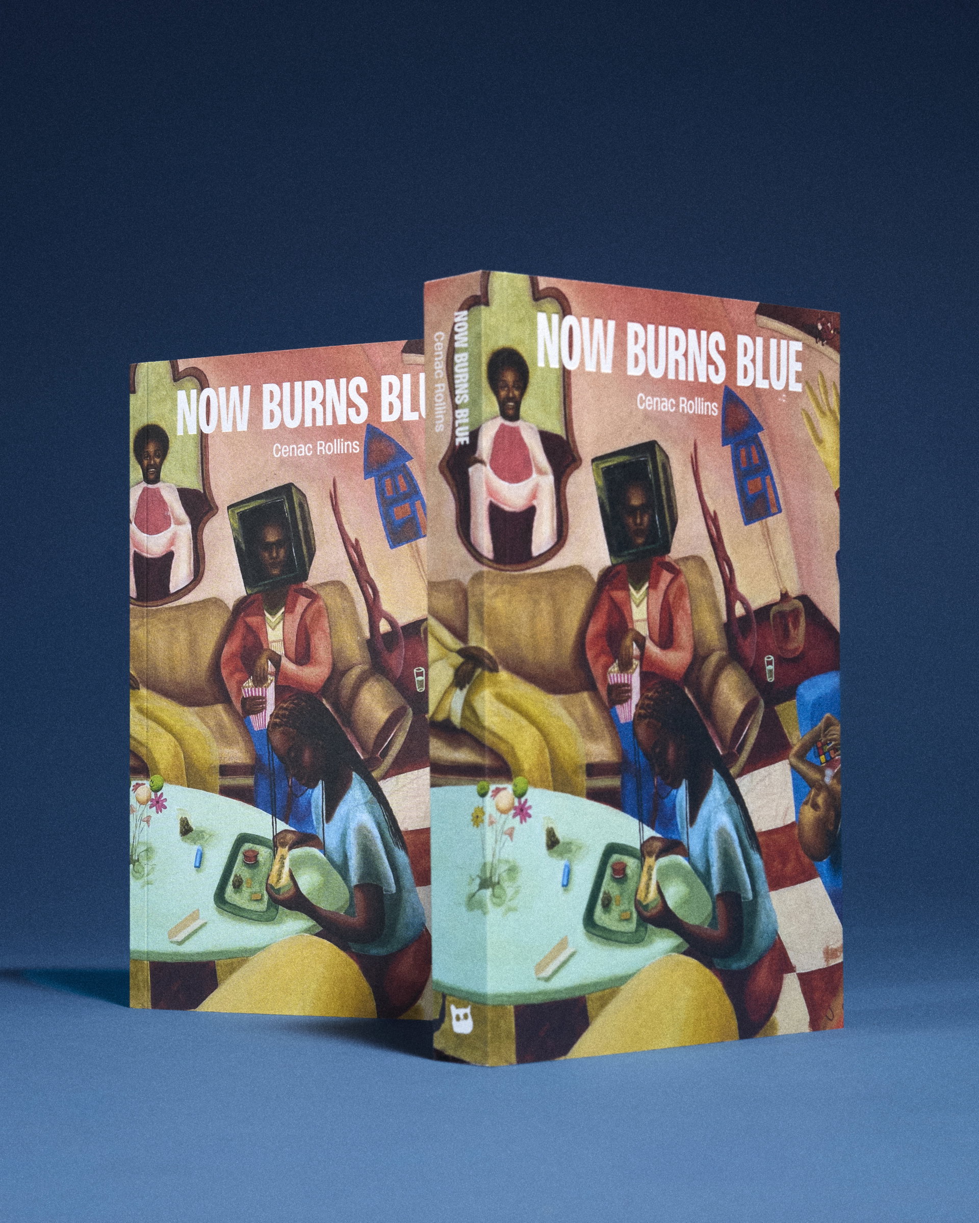 Two copies of Cenac Rollins’ novel Now Burns Blue photographed against a deep blue background