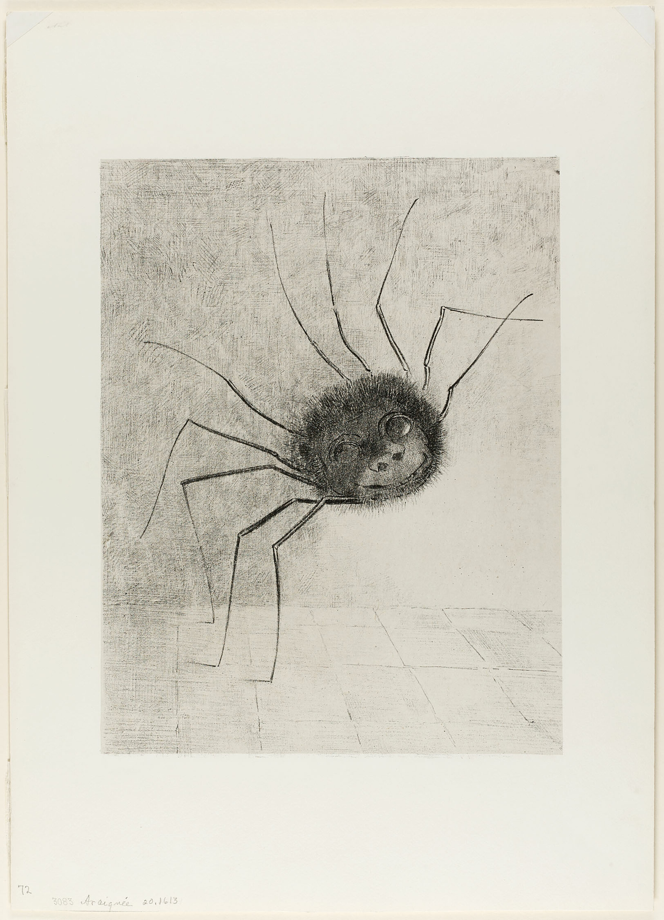 Full sheet of Redon’s Spider, with a smiling human face, spindly legs and faint floor lines surrounded by broad paper margins