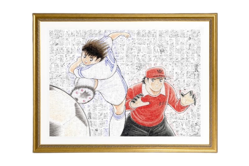 Framed Captain Tsubasa artwork showing a player striking the ball past a goalkeeper against a background of manga panels
