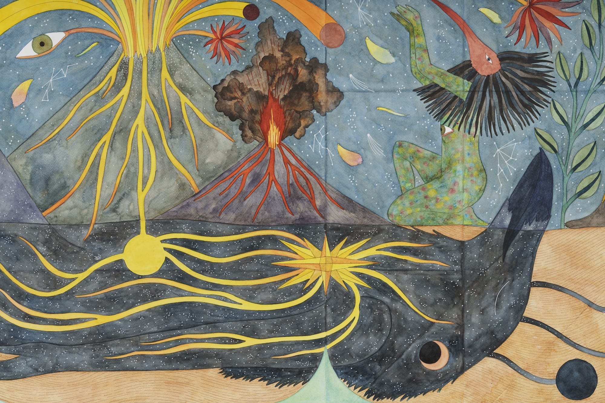 Detail with an erupting mountain, branching yellow shapes and a dark bird crossing a blue ground.