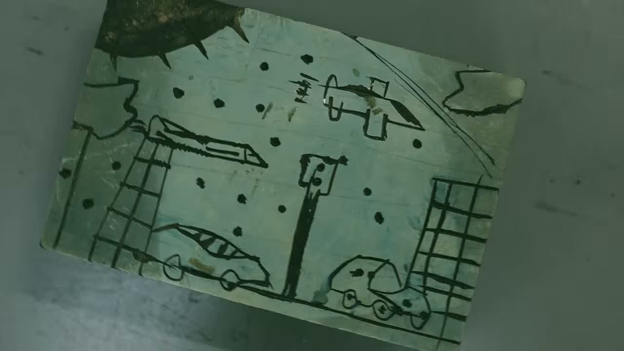 A childhood woodcut by Eric Haze showing buildings, cars, airplanes, and a dense city scene