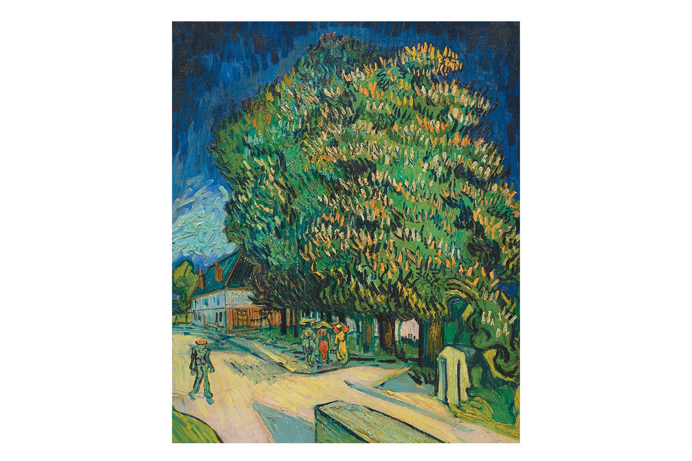 Vincent van Gogh's Châtaigniers en fleurs, showing chestnut trees along a road in Auvers-sur-Oise