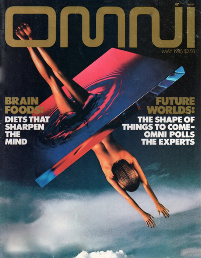 May 1985 OMNI magazine cover showing two human figures passing through a sharply angled geometric form above clouds