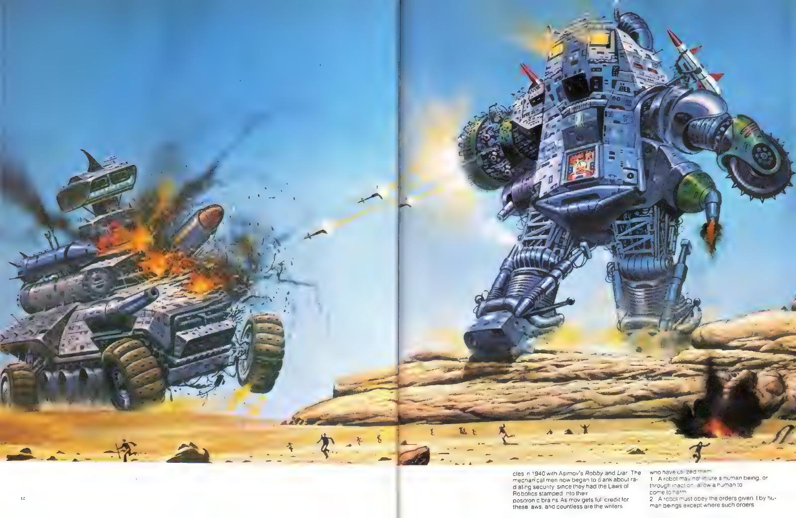 A two-page OMNI magazine illustration of a towering robot and armored vehicle crossing a desert battlefield
