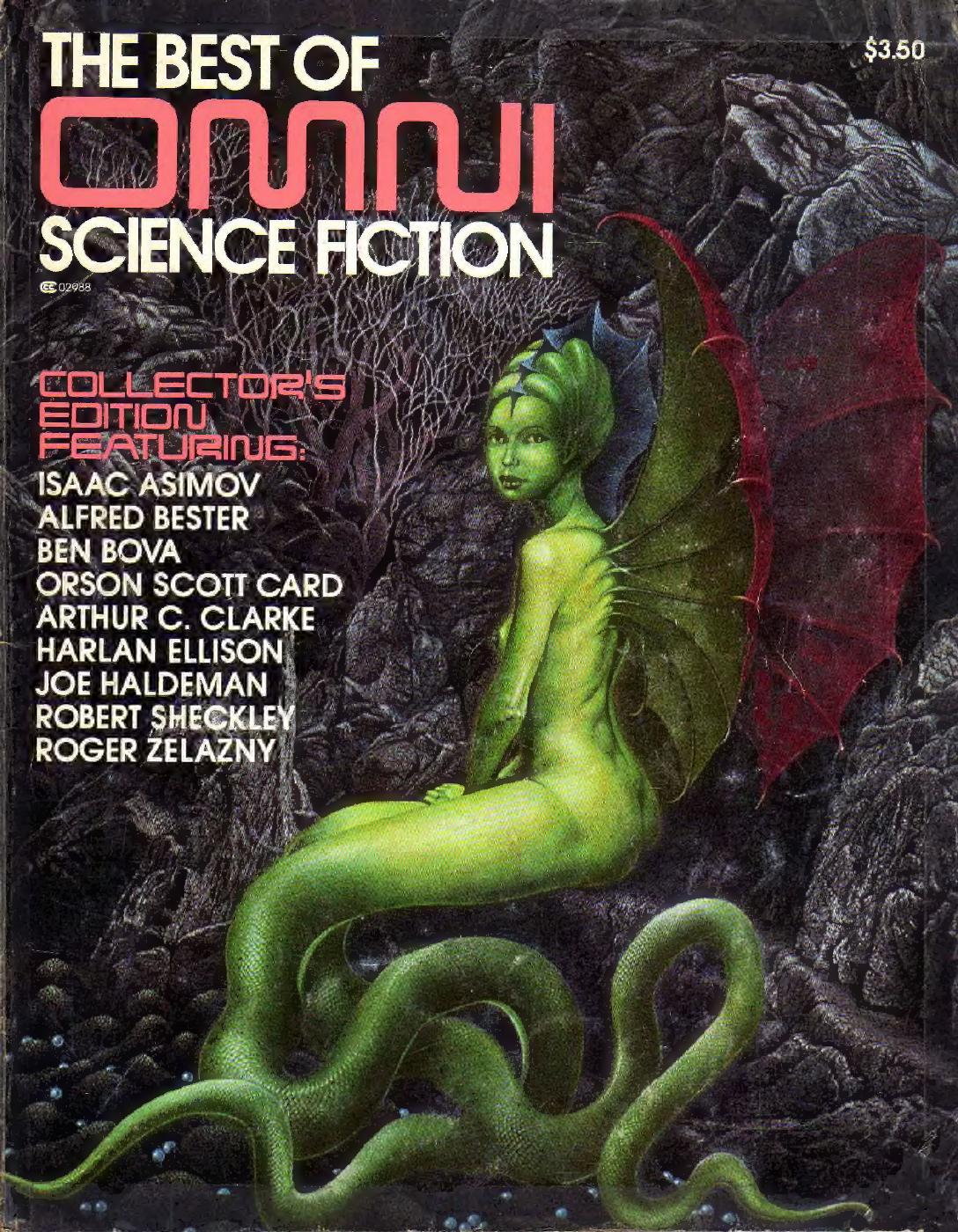 Cover of The Best of OMNI Science Fiction from 1980 featuring a green winged figure against a dark rocky landscape