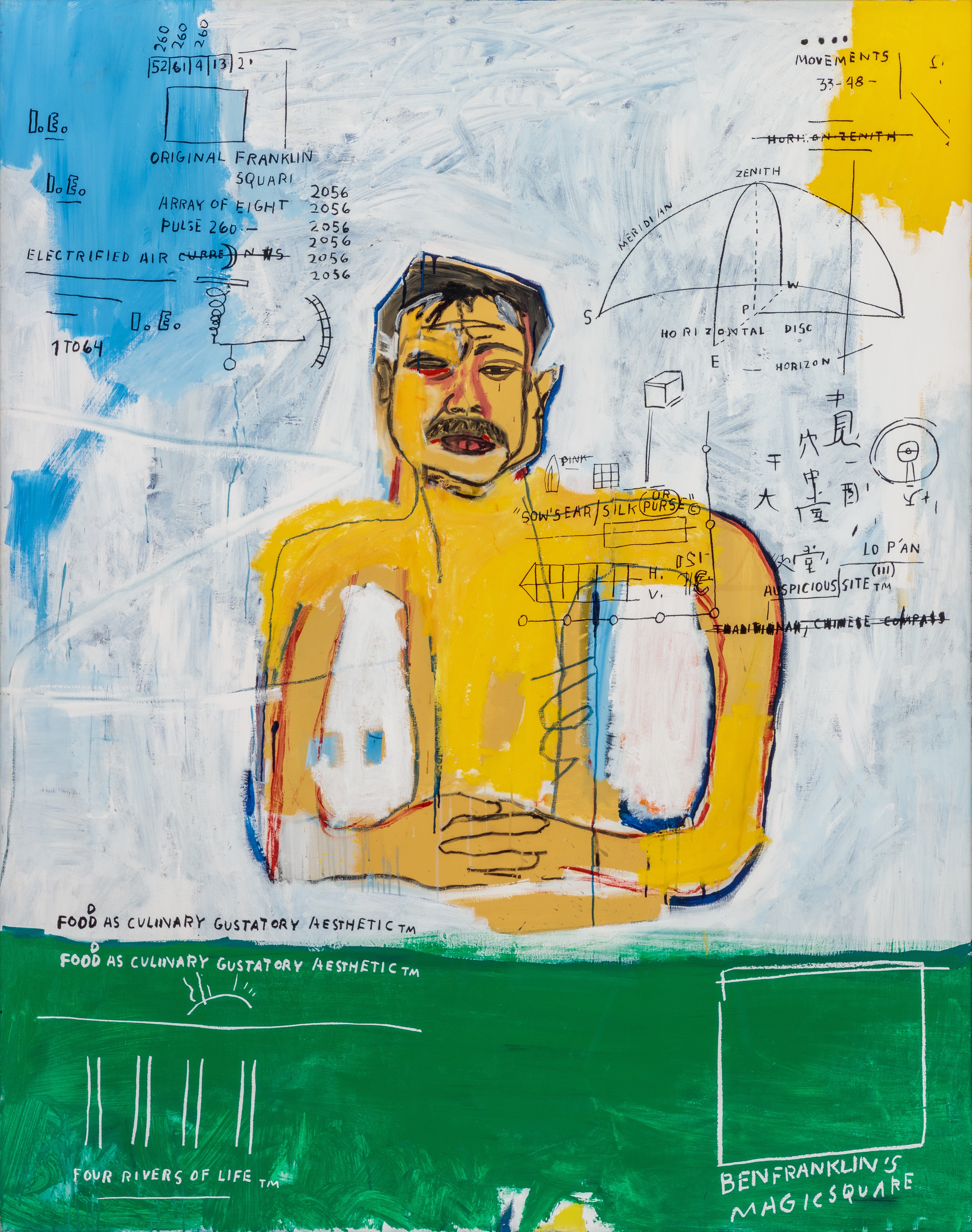 Jean-Michel Basquiat's 1985 portrait of Michael Chow, built from an expressive head, words, symbols, and energetic marks