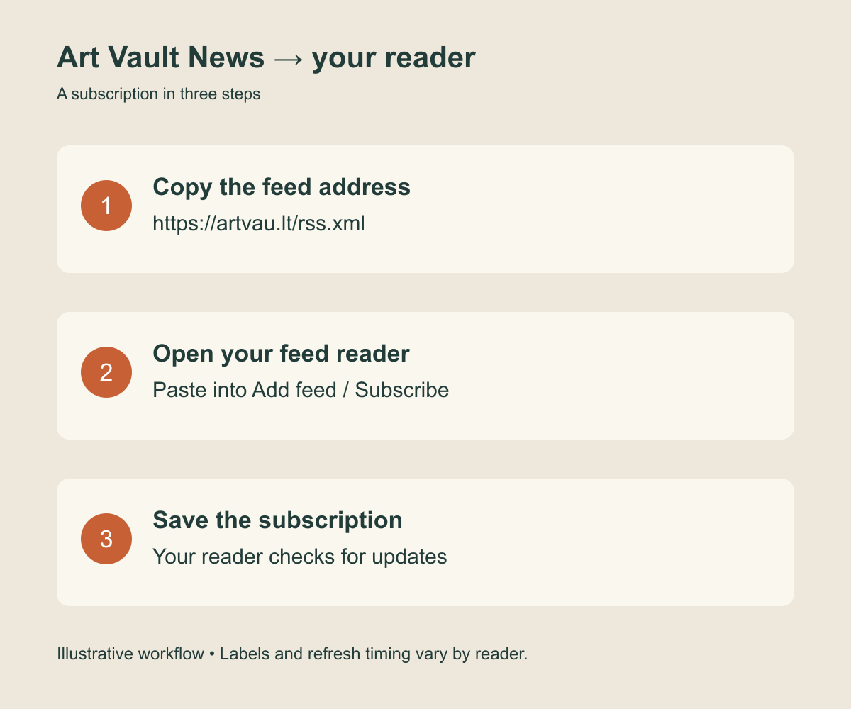 Three steps: copy https://artvau.lt/rss.xml, paste it into a reader’s Add feed or Subscribe field, and save; refresh timing varies.