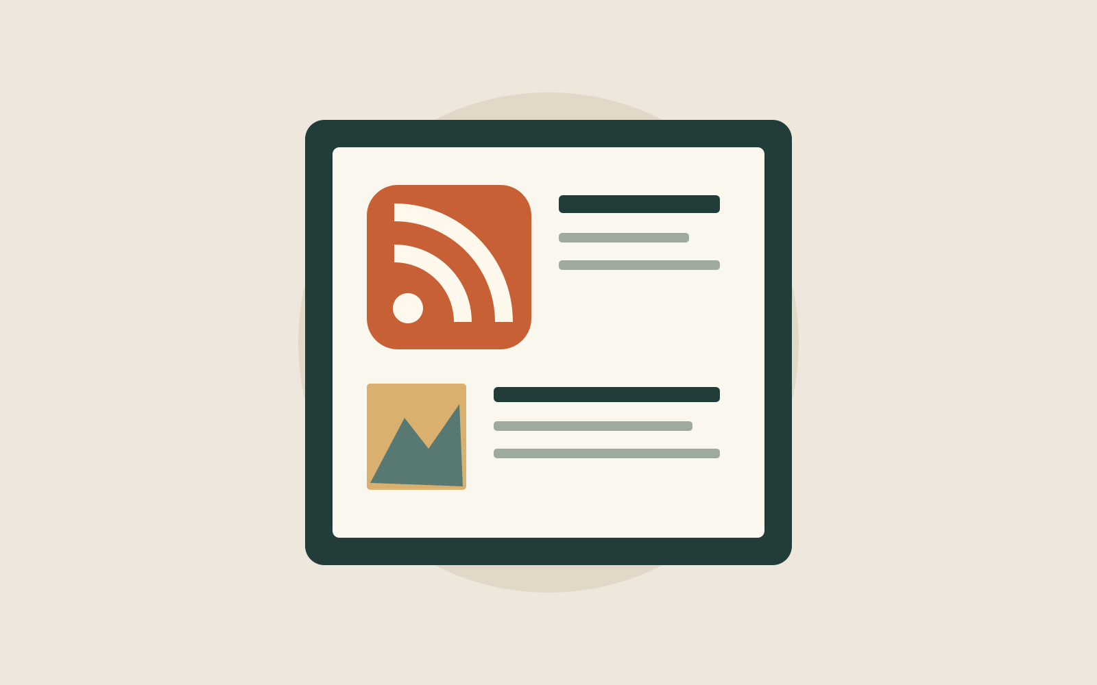 Original illustration of an orange RSS symbol beside stylized story cards and an invented landscape thumbnail.