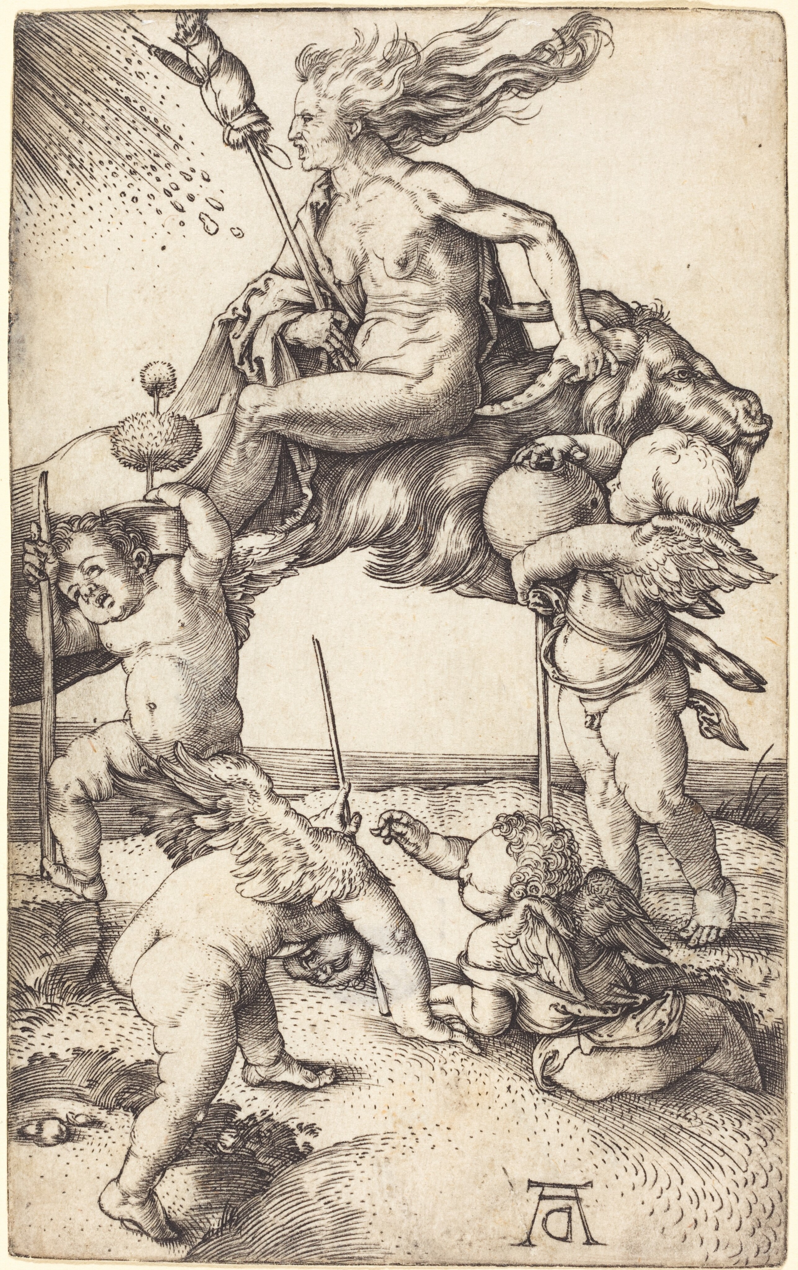 National Gallery impression of Dürer’s Witch Riding on a Goat, with the reversed D monogram at lower right.