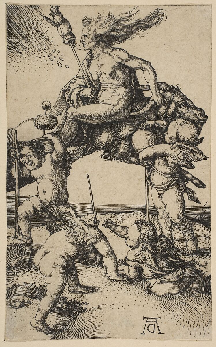Dürer’s engraving of a woman riding backward on a goat above four winged figures; the Met impression.