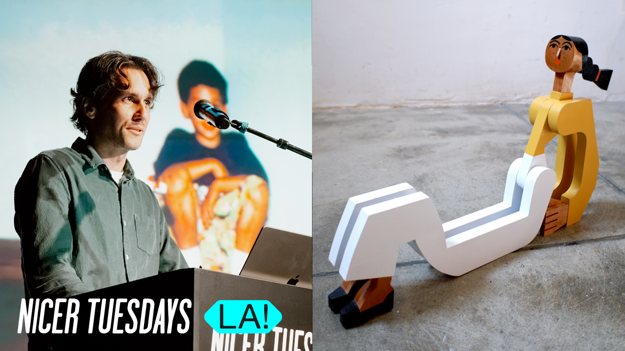 Publisher composite showing Bill Rebholz at a lectern beside a seated figure assembled from flat painted shapes.