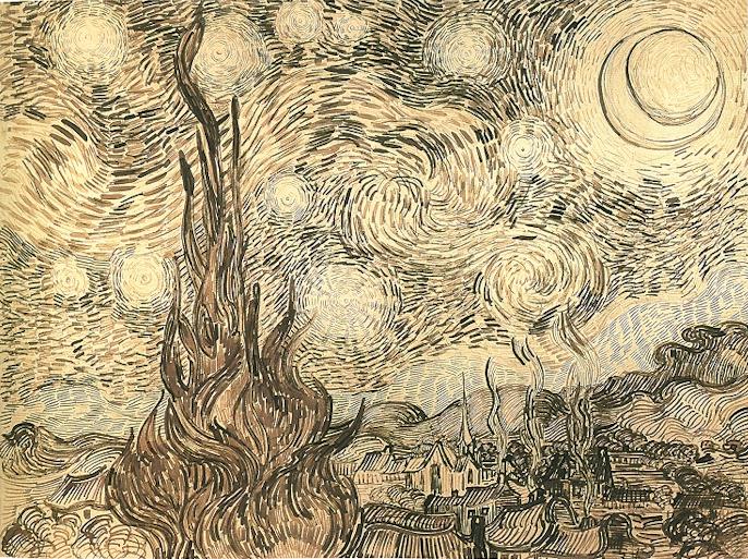 Vincent van Gogh’s ink drawing after The Starry Night, with cypress trees, village, stars, and crescent moon rendered in dense lines