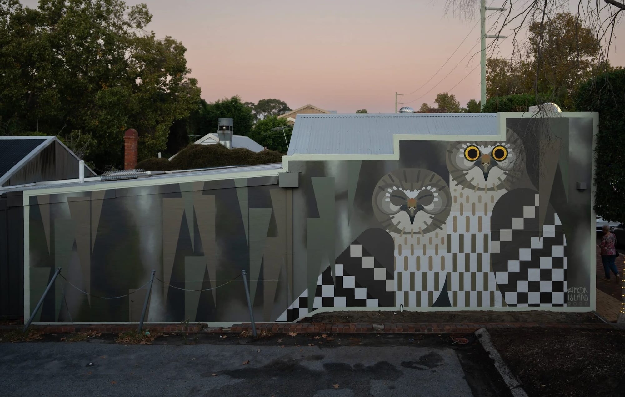 AMOK Island mural of two geometric owls on a building in South Perth