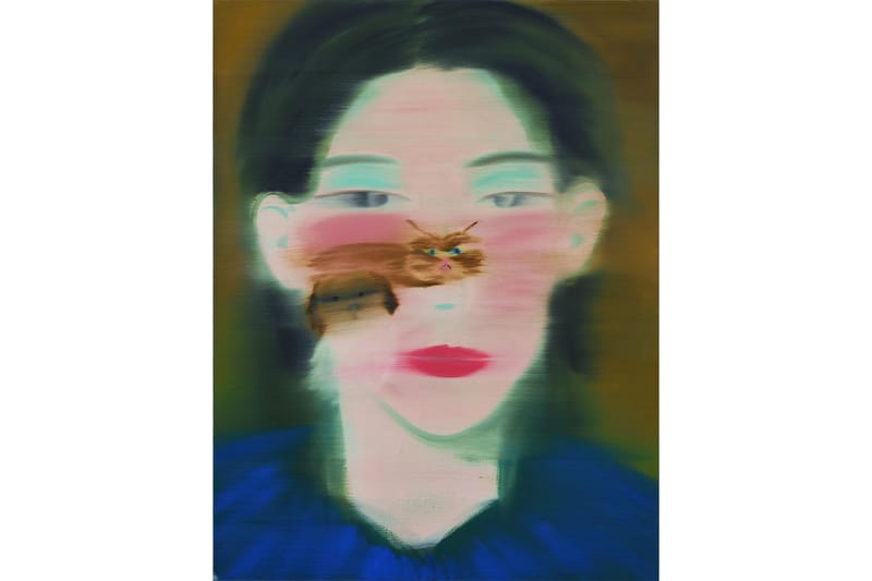 Yu Nishimura painting of a softly blurred face overlaid with small animal-like forms