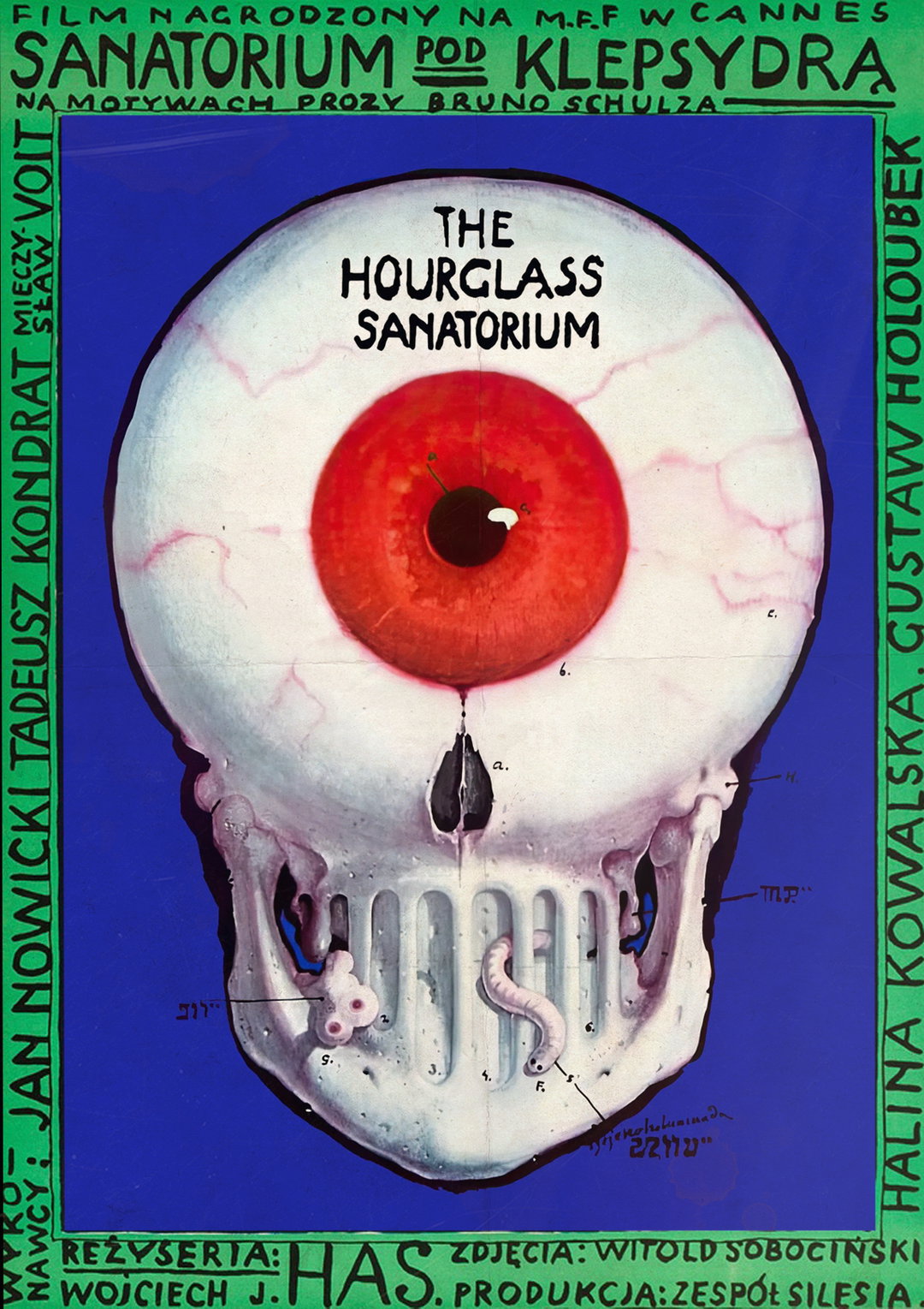 Poster for The Hourglass Sanatorium showing a giant bloodshot eye balanced on a skeletal jaw against blue and green