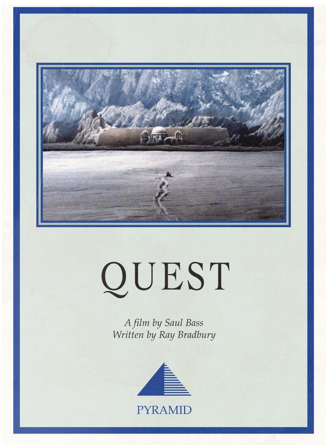 Minimal pale blue poster for Quest with a small framed science-fiction landscape and large serif title