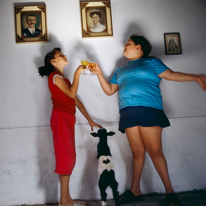 Two girls raise glasses in a theatrical toast while a small dog stands between them beneath family portraits