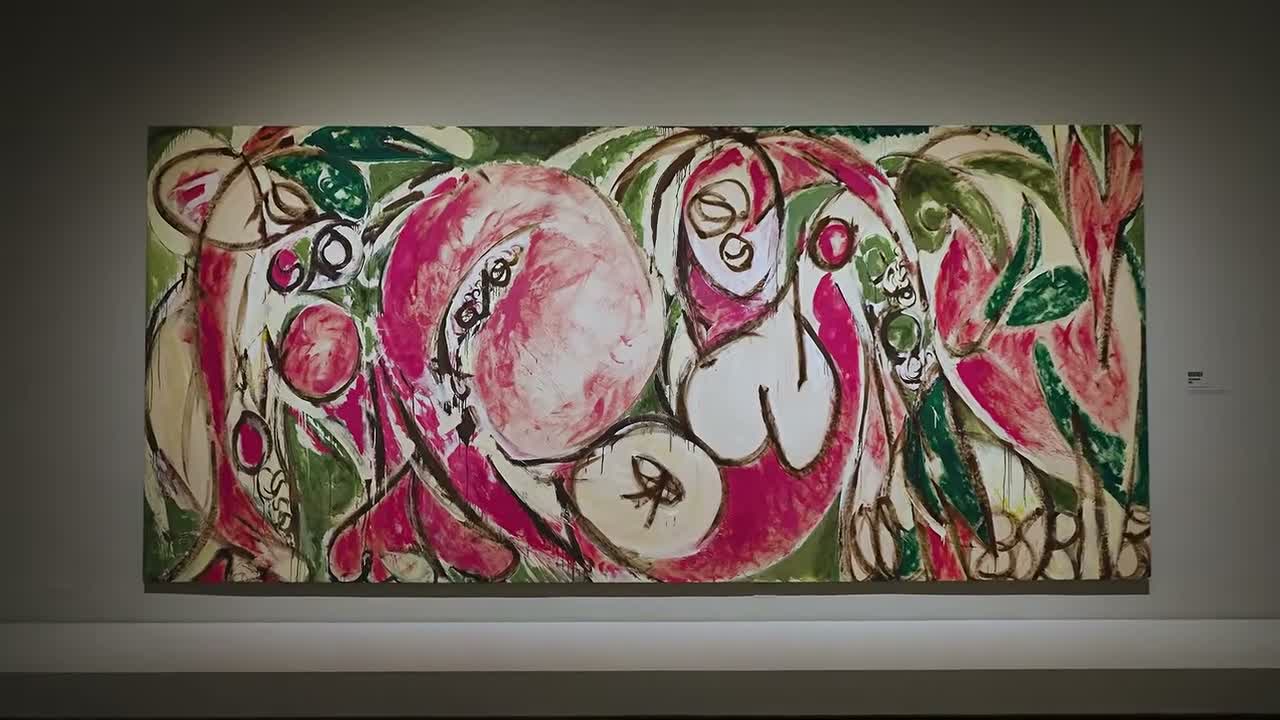 Lee Krasner's large pink and green abstract painting The Seasons installed at The Met