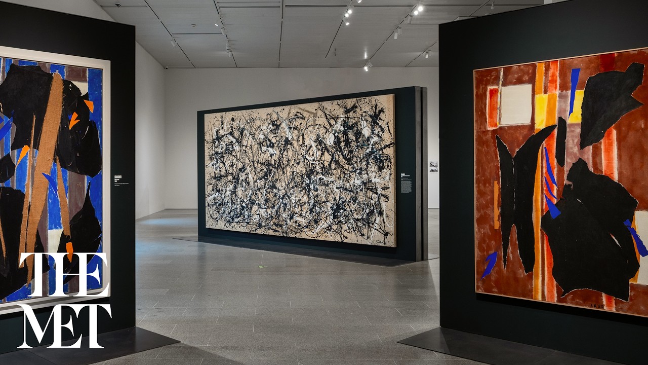 Installation view of The Met exhibition Krasner and Pollock: Past Continuous with large abstract paintings by both artists