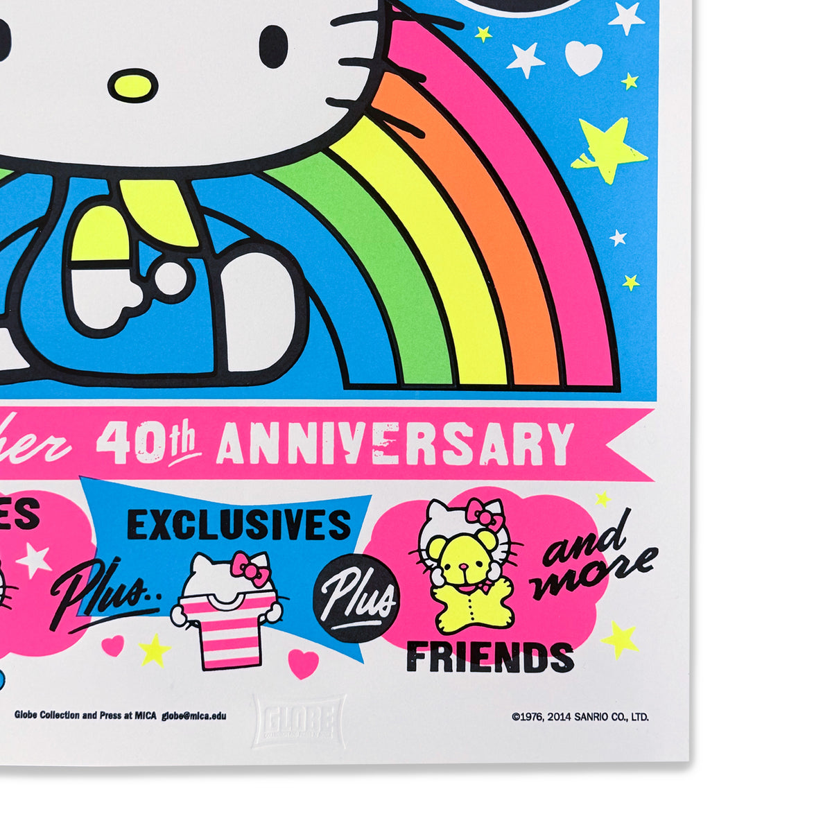 Close-up of the Hello Kitty Con LA print showing fluorescent inks, rainbow graphics, stars, and anniversary lettering
