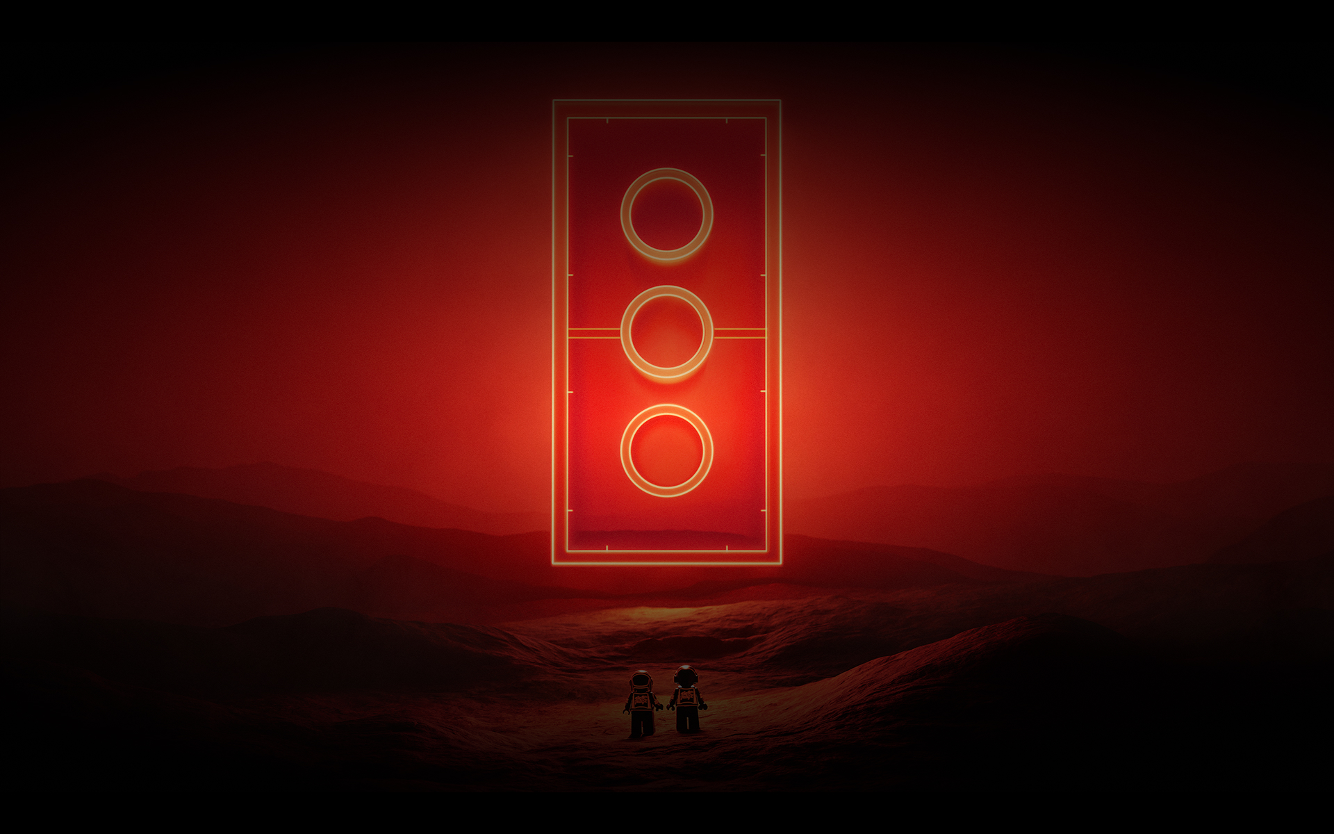 Two LEGO Daft Punk minifigures face a glowing red brick suspended over a dark landscape