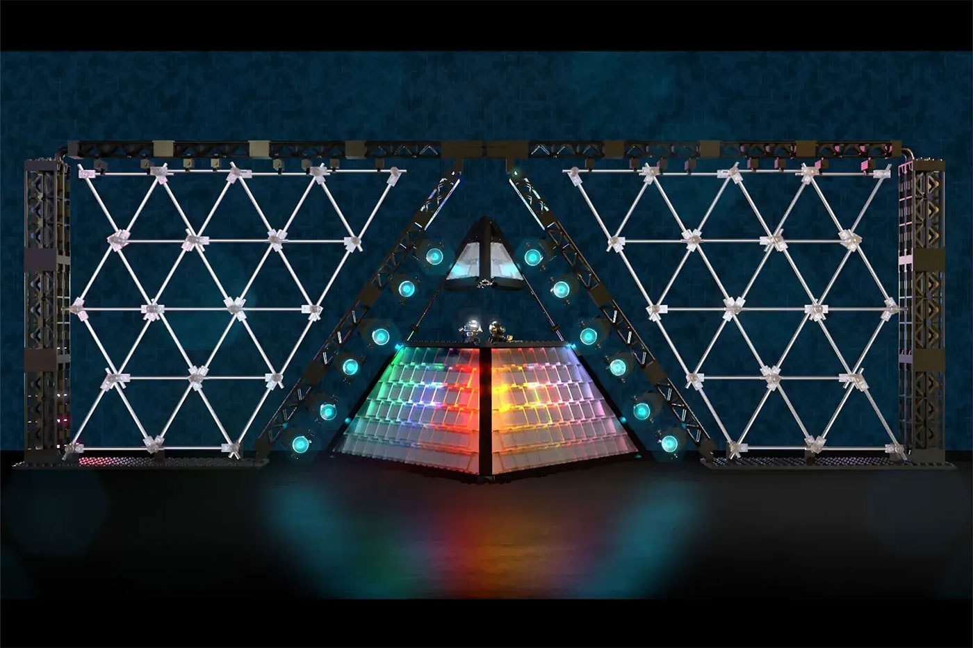 Fan-designed LEGO model of Daft Punk's illuminated Alive 2007 pyramid stage and light wall