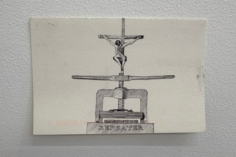 Collaborative postcard drawing of a mechanical press supporting a cruciform figure above the word Repeater