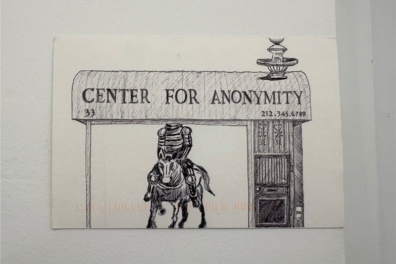 Collaborative postcard drawing of a mounted figure beneath a storefront sign reading Center for Anonymity