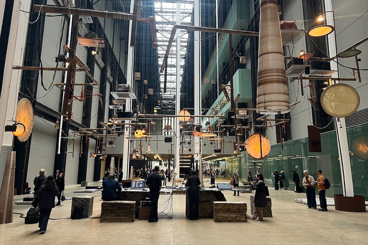 Tarek Atoui's suspended instruments and sculptural sound installation filling Tate Modern's Turbine Hall