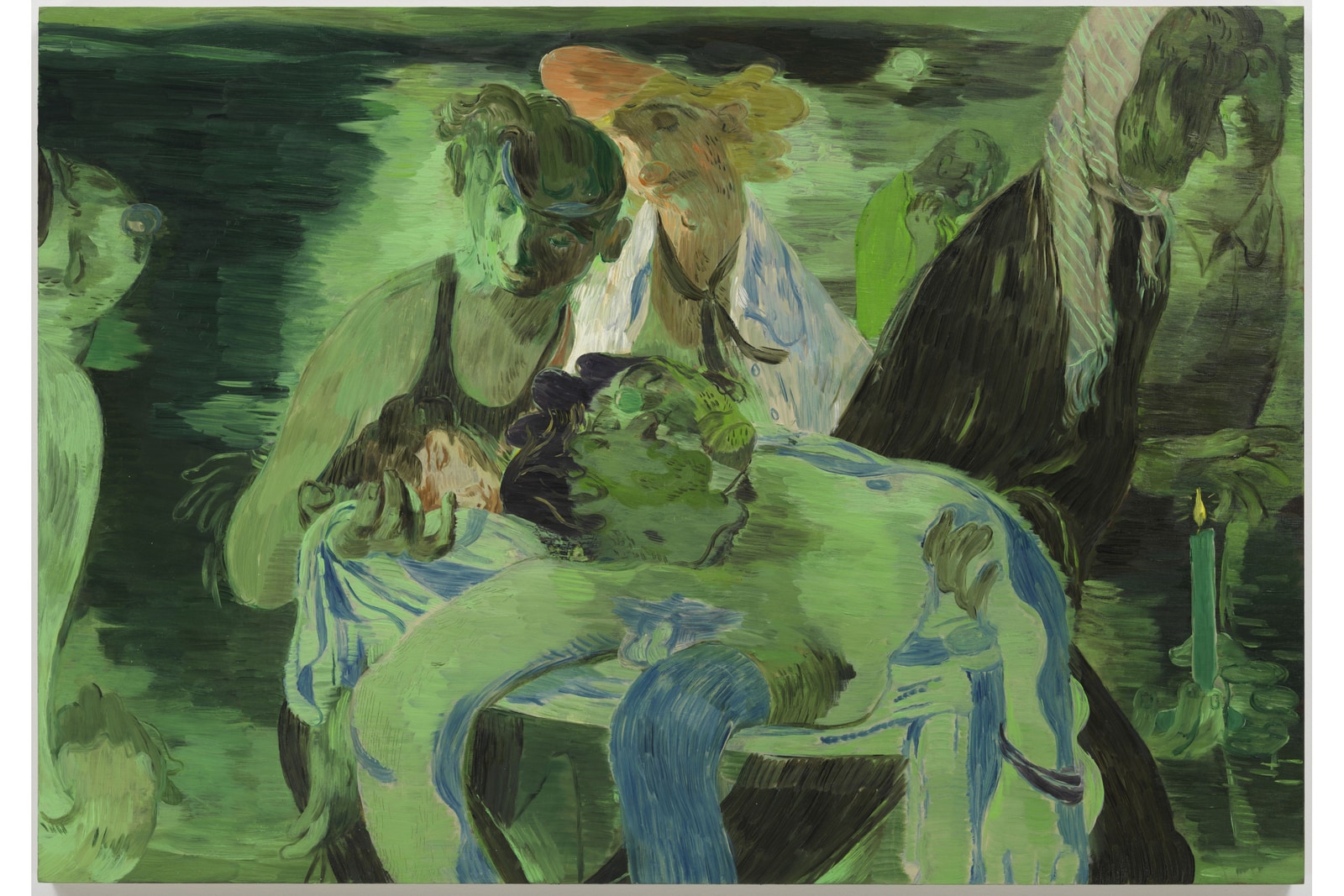Salman Toor painting of figures gathered around a reclining person in a luminous green interior