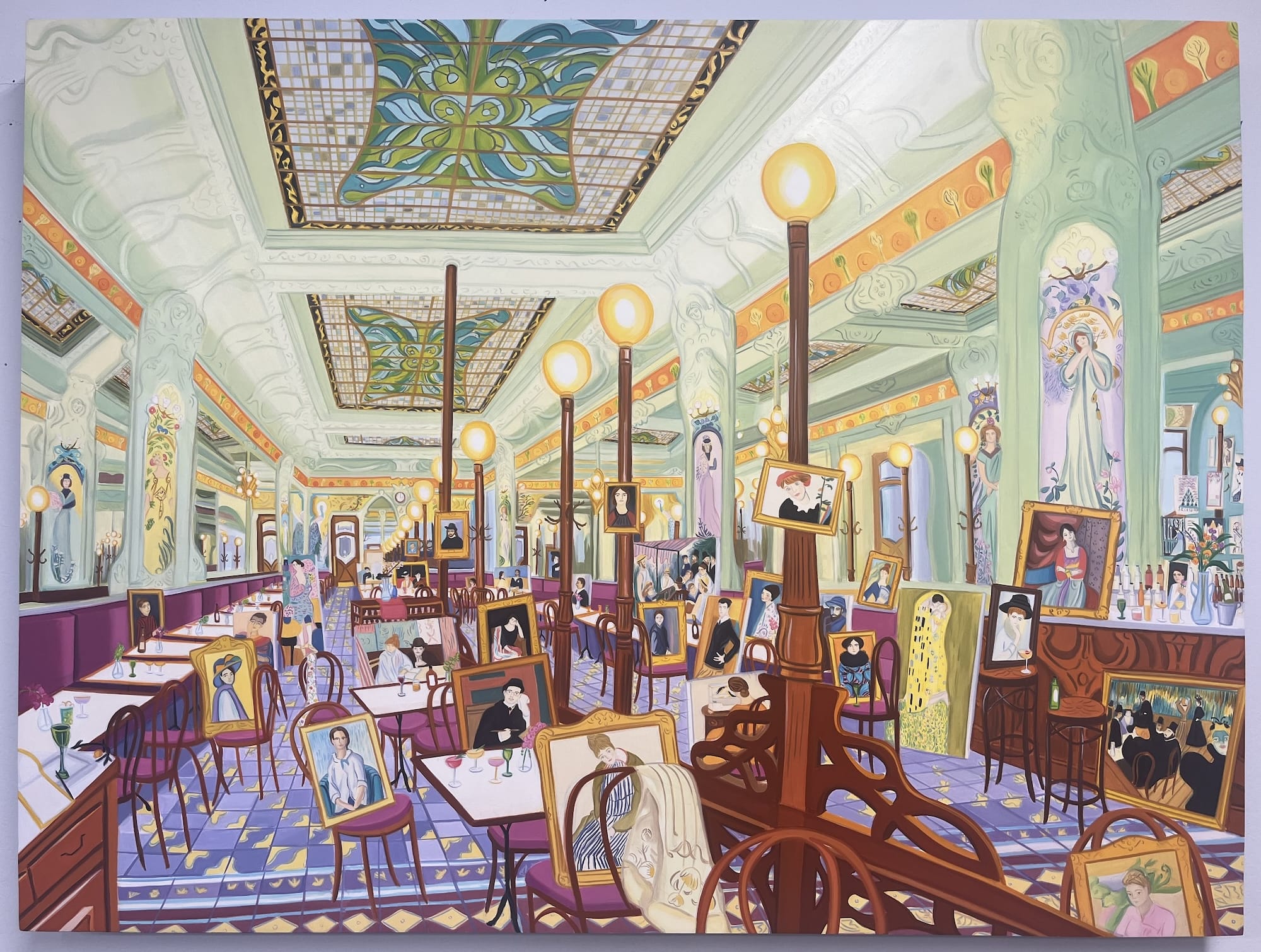 Gretchen Scherer's painting A French Cafe with Paintings, filled with tables, portraits, and Art Nouveau details
