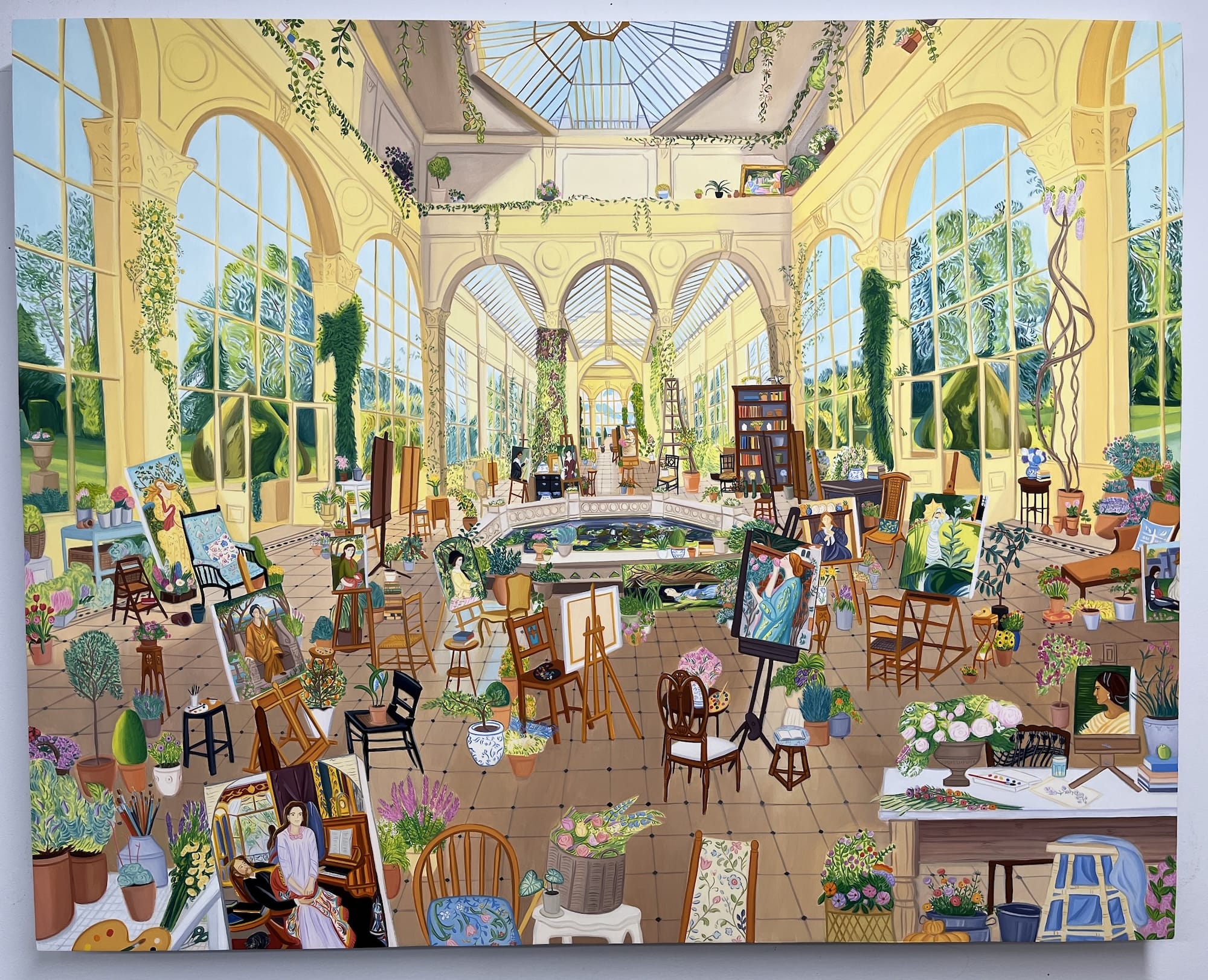 Gretchen Scherer's luminous painting An Orangery with Paintings, filled with plants, easels, and framed artworks