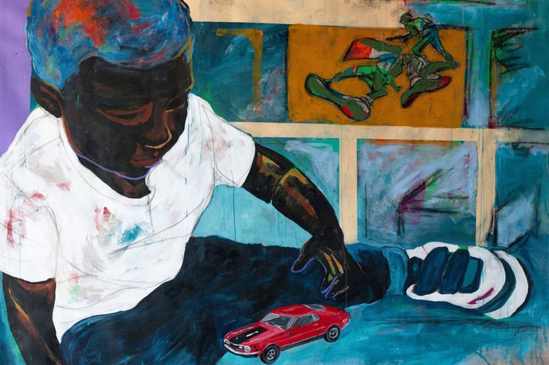Emmanuel Gillespie's painting Hot Wheels, showing a figure beside a red toy car