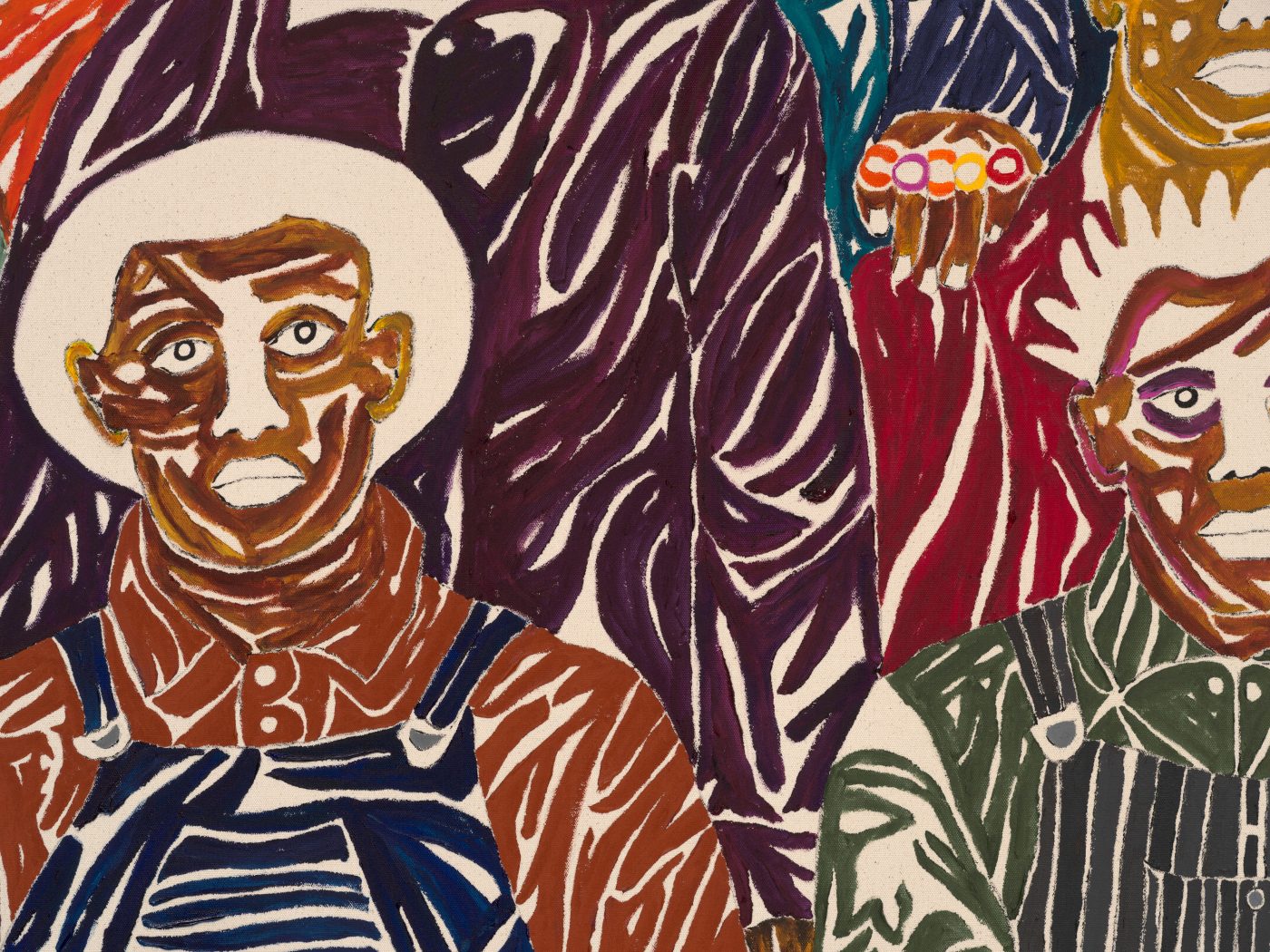 Detail of Chase Hall's The Affrilachian Mountains showing miners rendered in coffee and acrylic