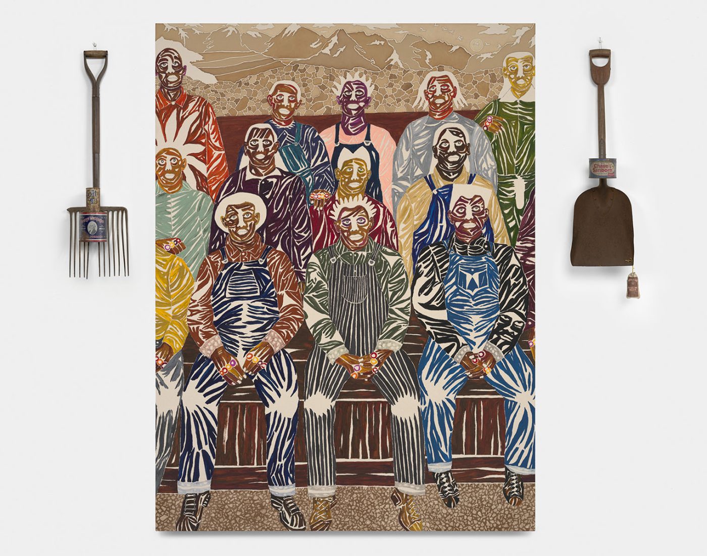 Chase Hall’s The Affrilachian Mountains, a large group portrait of Black miners flanked by an antique pitchfork and shovel