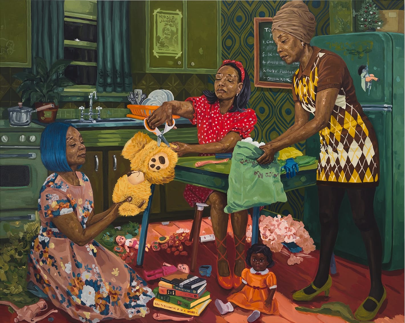 Three women handle a teddy bear, scissors and a green garment in Wangari Mathenge’s painted kitchen