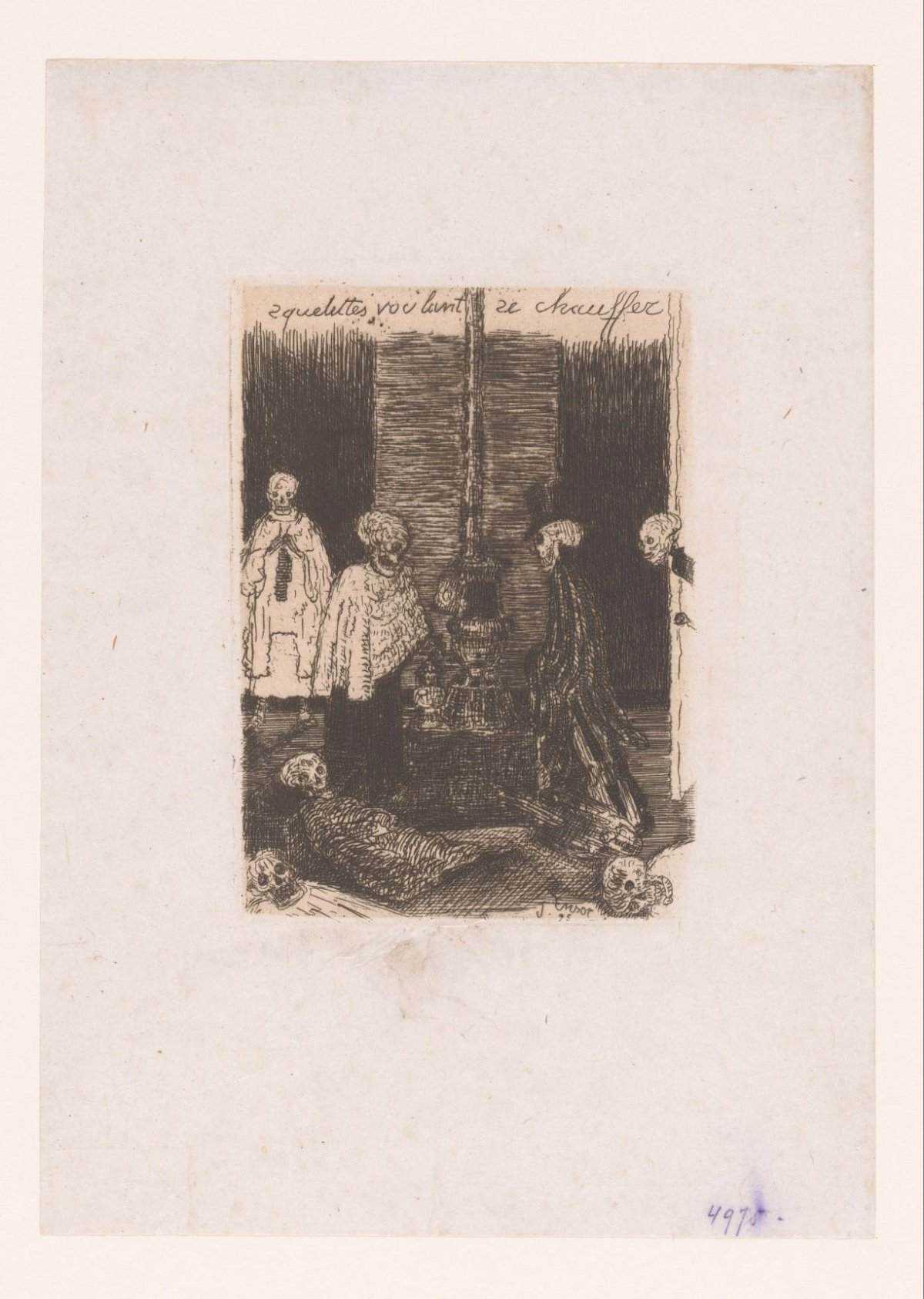 Full sheet of Ensor’s 1895 etching, with skeletal figures around a stove inside broad pale margins